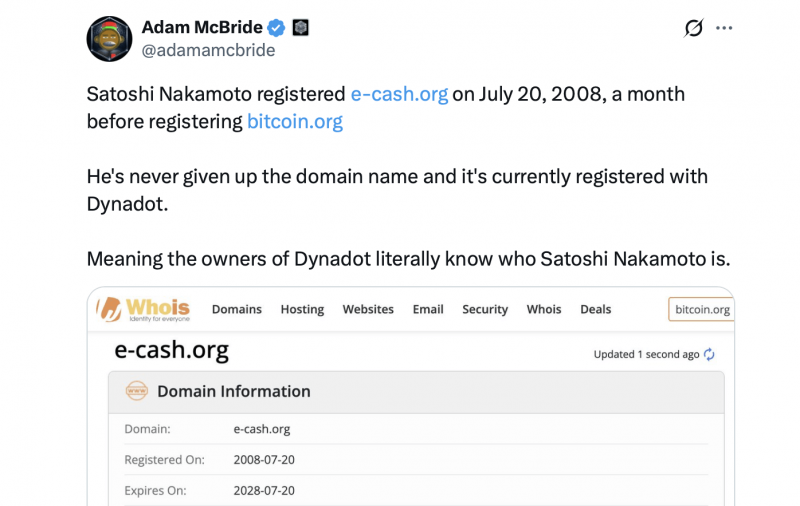Домен, который, может быть, упустил Сатоши: E-cash.org возник на 29 дней ранее, чем Bitcoin.org