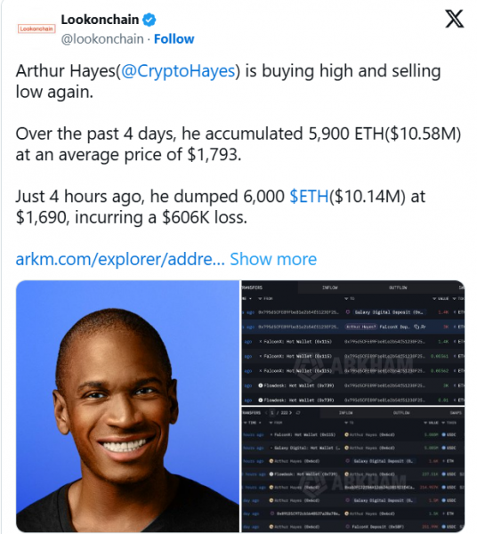 
			Криптокиты приобретают эфириум, а Артур Хейс продал 6,000 ETH с огромным убытком		