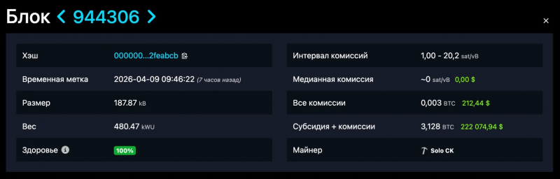 
			Соло-майнер добыл блок bitcoin и заработал $222 000		